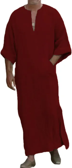 Thatrich Mens Muslin Robe Full Length Long Sleeve Tops V Neck Kaftan Cotton Lightweight Pullover Thobe Comfy Cozy Nightshirts