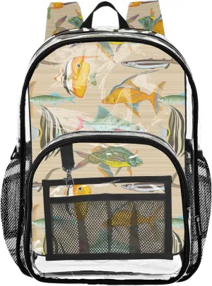 Travel Clear Backpack Floral Colorful Fish Vintage Kids Backpack Boys Girls Large Plastic Approved Bag