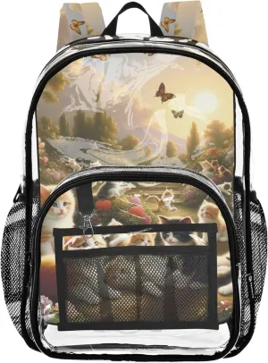 Travel Clear Bags for Women Cute Kitten Spring Flowers Cat Boys Backpacks for Girls Approved Plastic Bag Large
