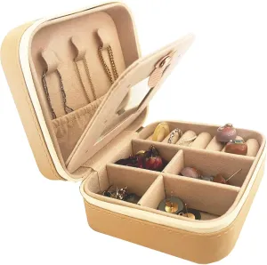 Travel Jewelry Box Organizer Portable Jewelry Case PU Leather Storage Organizer with Mirror Women Girls Jewelry Holder for Necklace Rings Earrings Beige