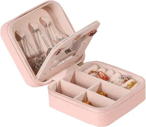 Travel Jewelry Box Organizer Portable Jewelry Case PU Leather Storage Organizer with Mirror Women Girls Jewelry Holder for Necklace Rings Earrings Pink