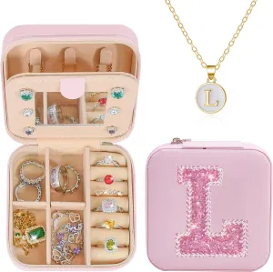 Traveling Jewelry Case For Women| Mini Initial Jewelry Box Jewelry Organizer| Gold Initial Necklaces for Women | Travel Accessories Birthday Gifts,L-Pink