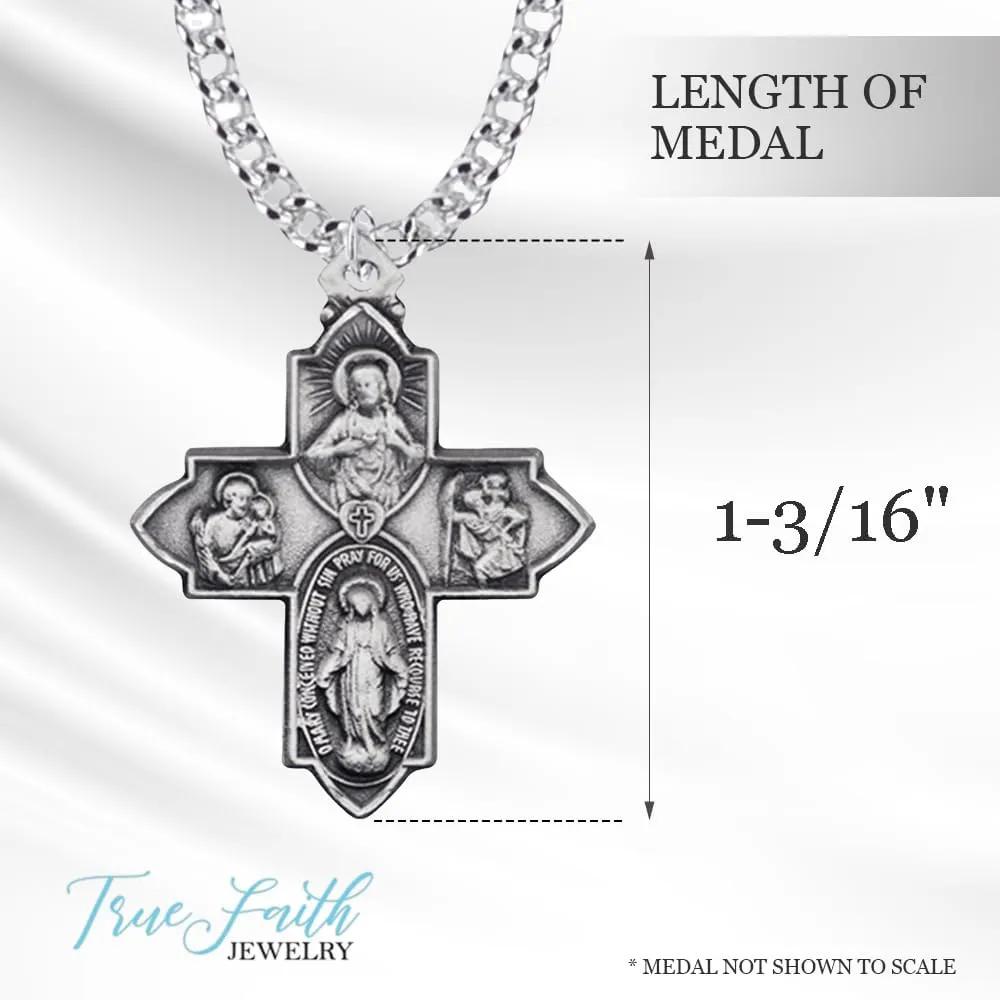 True Faith Jewelry Sterling Silver 4 Way Medal Cross Pendant Necklace Religious Jewelry