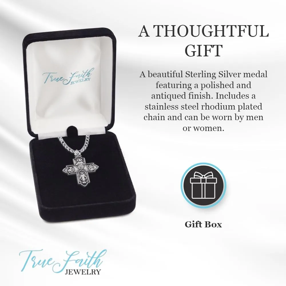 True Faith Jewelry Sterling Silver 4 Way Medal Cross Pendant Necklace Religious Jewelry