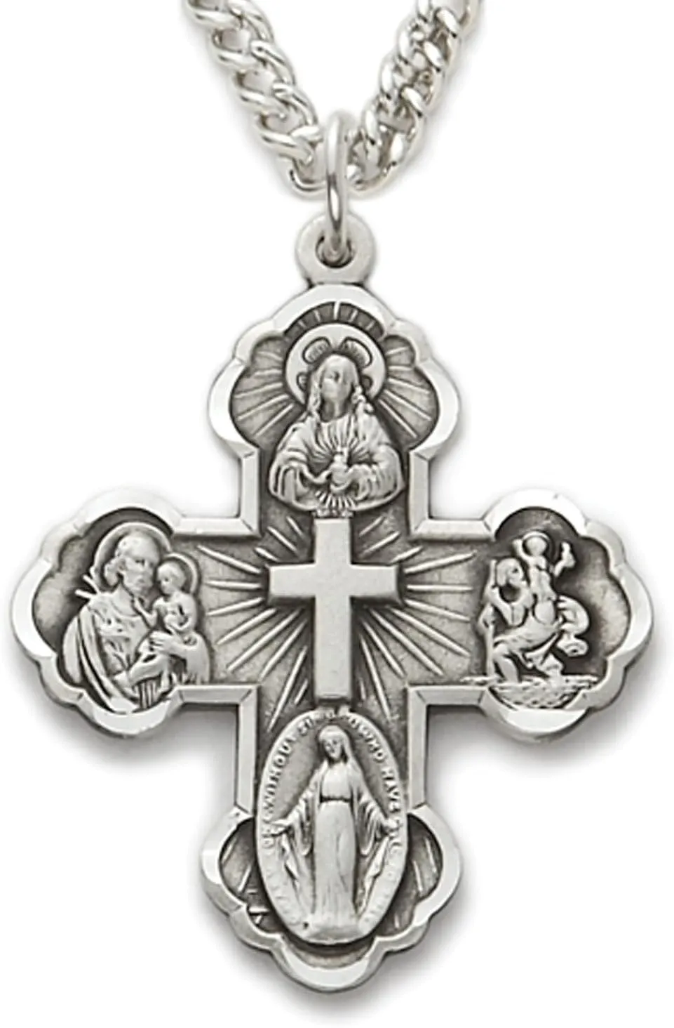 True Faith Jewelry Sterling Silver 4 Way Medal Cross Pendant Necklace Religious Jewelry