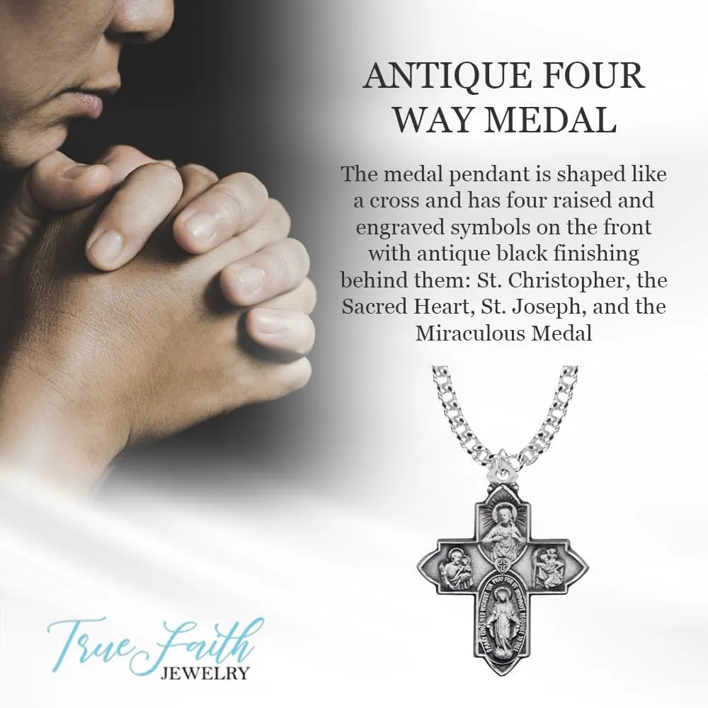 True Faith Jewelry Sterling Silver 4 Way Medal Cross Pendant Necklace Religious Jewelry