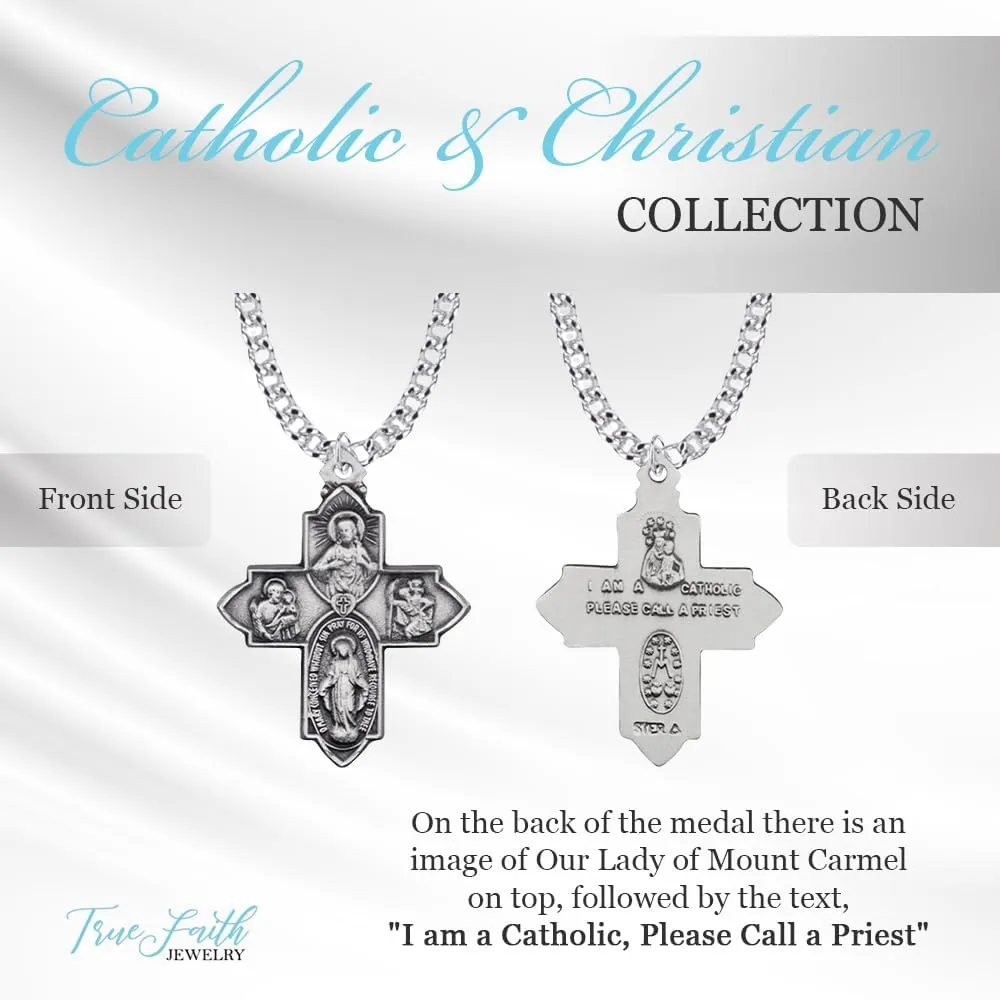 True Faith Jewelry Sterling Silver 4 Way Medal Cross Pendant Necklace Religious Jewelry