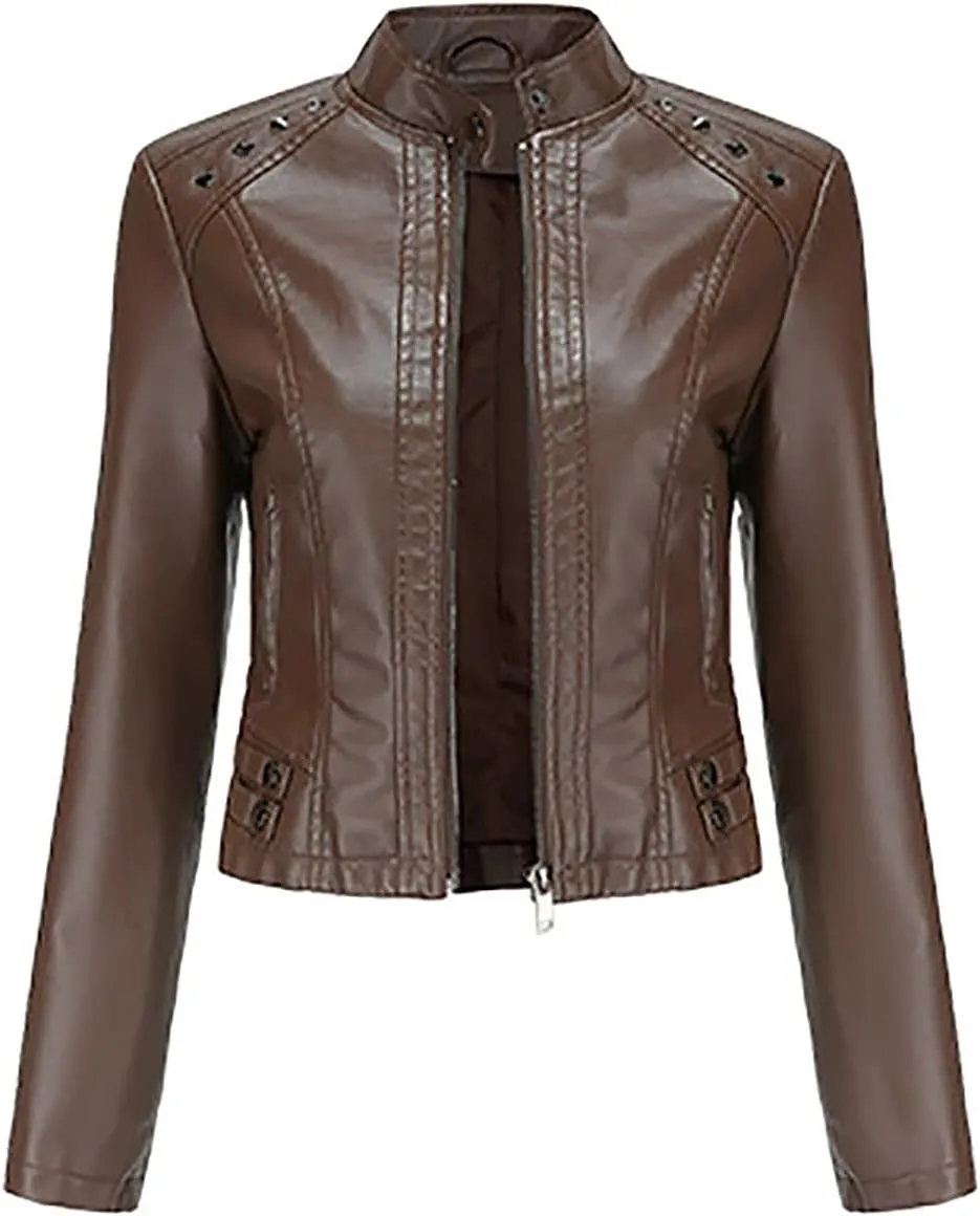 tuduoms Plus Size Leather Short Jacket Women Quilted Slim Fit Casual Motorcycle Jacket Long Sleeve Moto Biker Coat Outwear