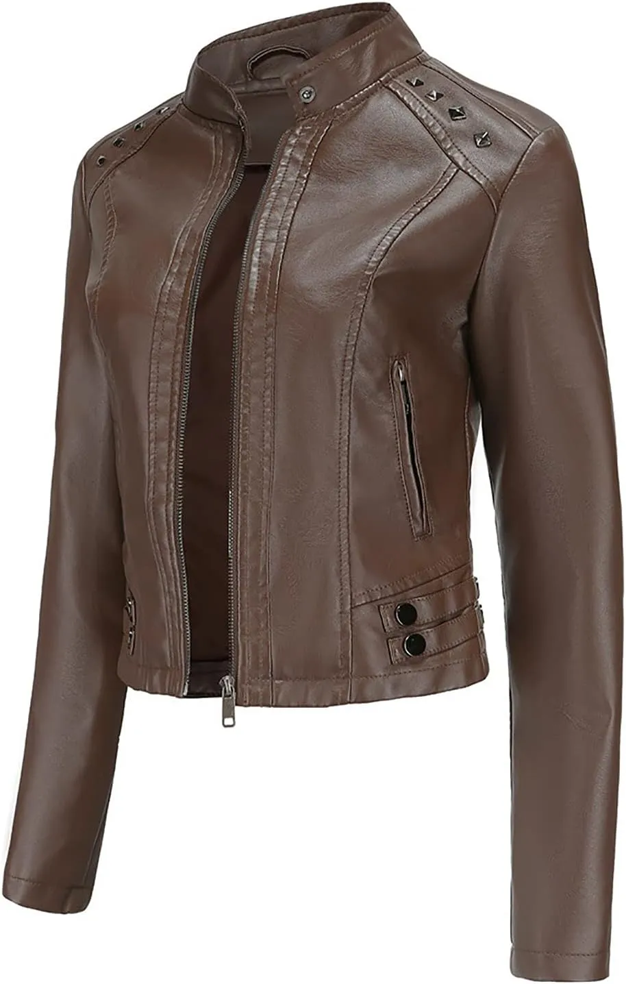 tuduoms Plus Size Leather Short Jacket Women Quilted Slim Fit Casual Motorcycle Jacket Long Sleeve Moto Biker Coat Outwear