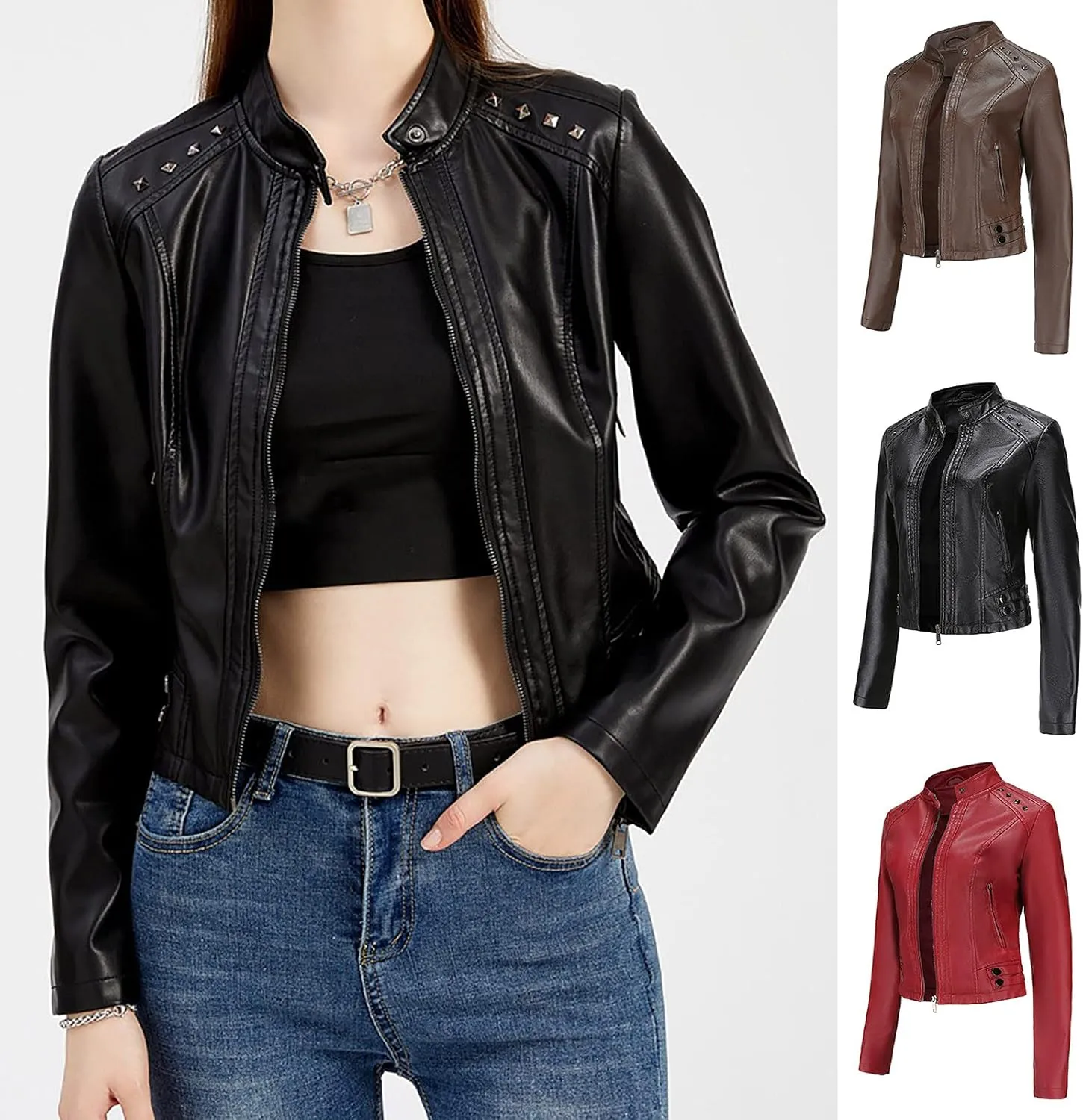 tuduoms Plus Size Leather Short Jacket Women Quilted Slim Fit Casual Motorcycle Jacket Long Sleeve Moto Biker Coat Outwear