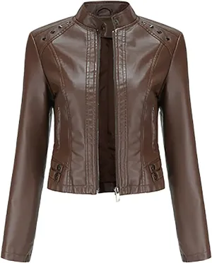 tuduoms Plus Size Leather Short Jacket Women Quilted Slim Fit Casual Motorcycle Jacket Long Sleeve Moto Biker Coat Outwear