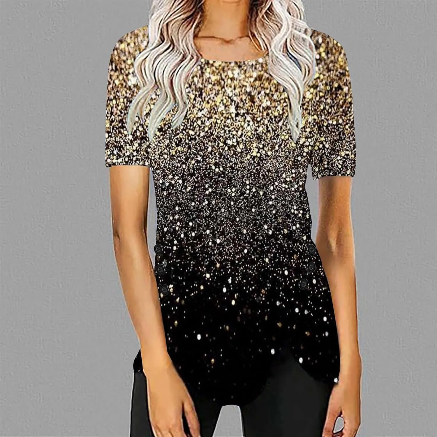 Tunic Tops for Women Loose Fit Dressy Short Sleeve Crew Neck T Shirts Summer Floral Graphic Tees Irregular Hem Blouse