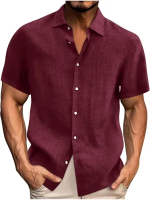 Uillui Mens Cotton Linen Tshirt Shirts Casual Work Dress Short Sleeve Button Down Shirts Summer Hawaiian Beach Cuban Shirt