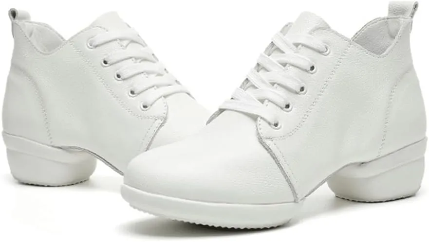 VEACAM Women's Dance Exercise Sneakers Leather Jazz Shoes Lace-Up Breathable Split Sole Walking Dance Shoes