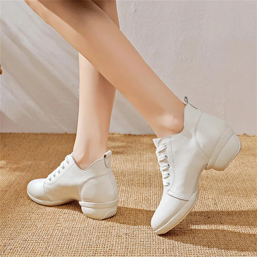 VEACAM Women's Dance Exercise Sneakers Leather Jazz Shoes Lace-Up Breathable Split Sole Walking Dance Shoes