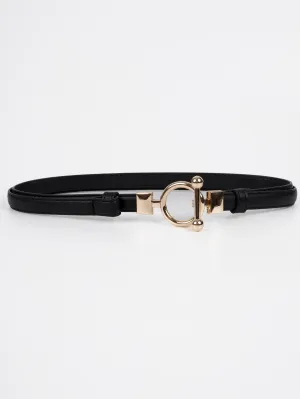 Vegan PU Leather Belt - Arles - Thin T-Bar Buckle - Gold / Black - 103cm