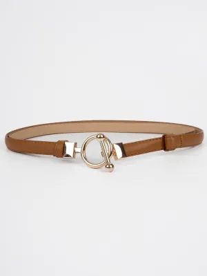 Vegan PU Leather Belt - Arles - Thin T-Bar Buckle - Gold / Tan - 103cm