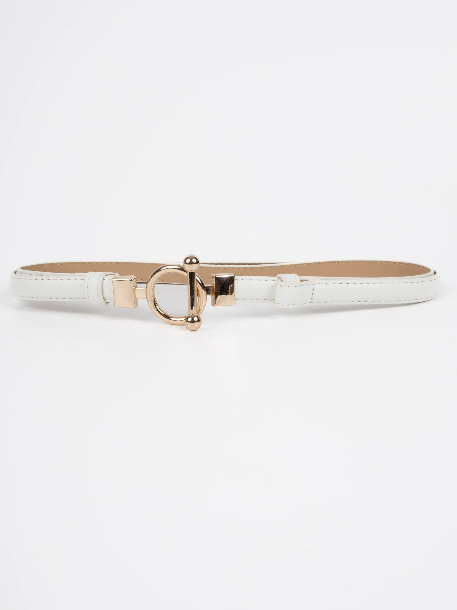 Vegan PU Leather Belt - Arles - Thin T-Bar Buckle - Gold / White - 103cm