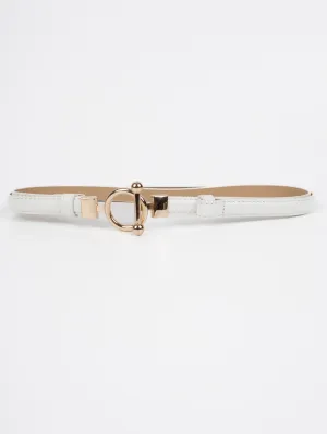 Vegan PU Leather Belt - Arles - Thin T-Bar Buckle - Gold / White - 103cm