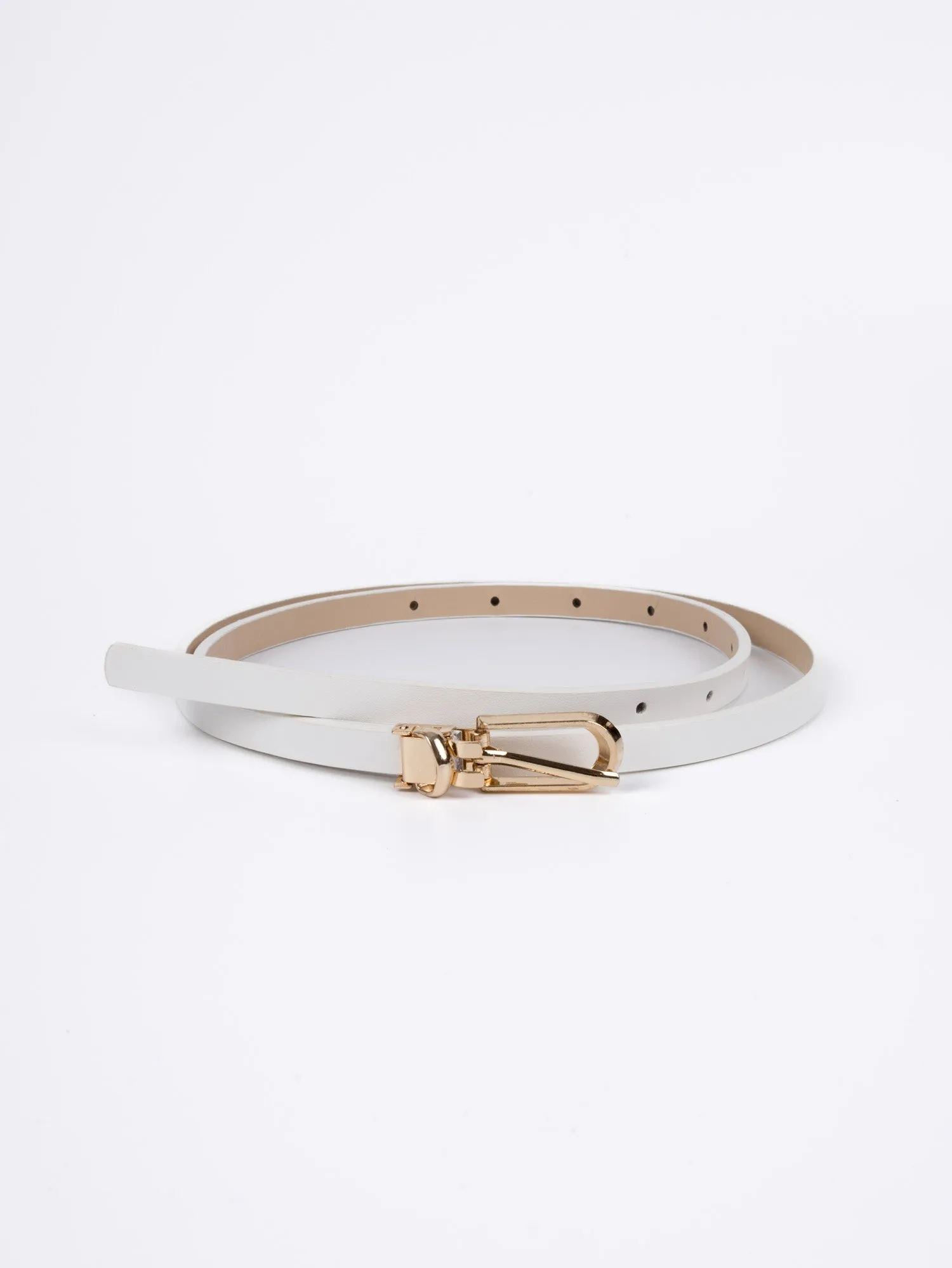 Vegan PU Leather Belt - Le Havre - Classic Thin Long Buckle - Gold / White - 105cm