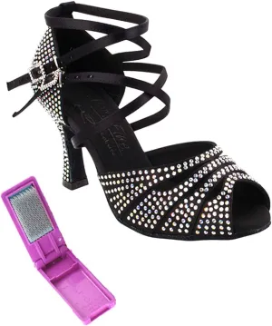 Very Fine Dance Shoes - Ladies Latin, Rhythm, Salsa, Waltz Ballroom Dance Shoes - S1007CC - 2.5-inch Heel and Foldable Brush Bundle - Black Satin - 6.5