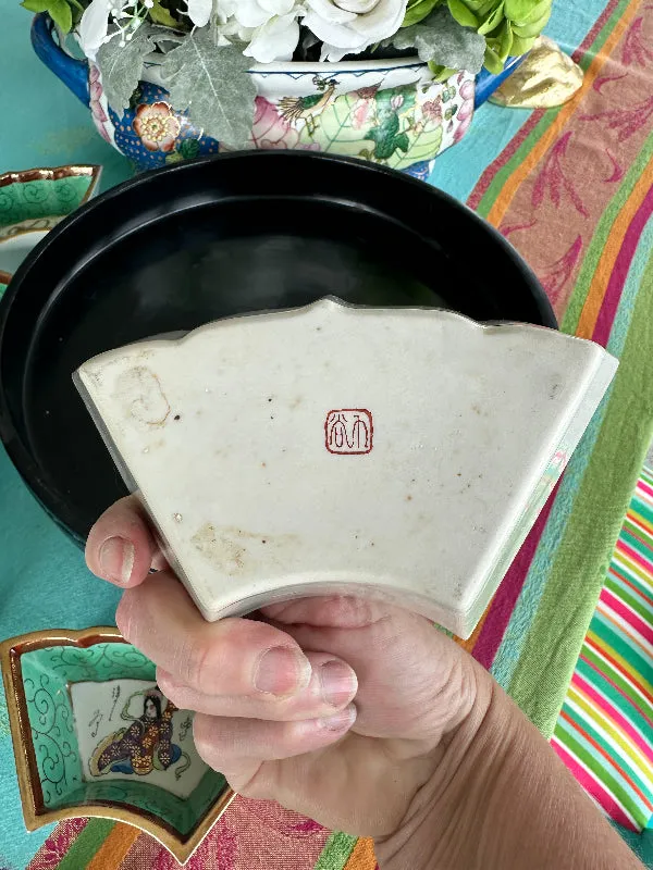 Vintage Lazy Susan Serving Dish Set, Wooden Pedestal Base, Chinese, Figural, Mid Century Modern, Hand Painted