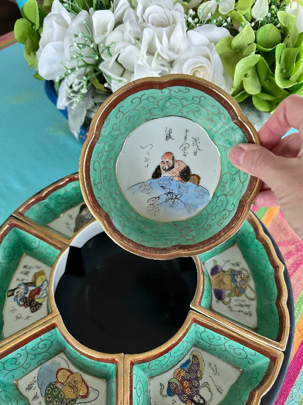 Vintage Lazy Susan Serving Dish Set, Wooden Pedestal Base, Chinese, Figural, Mid Century Modern, Hand Painted