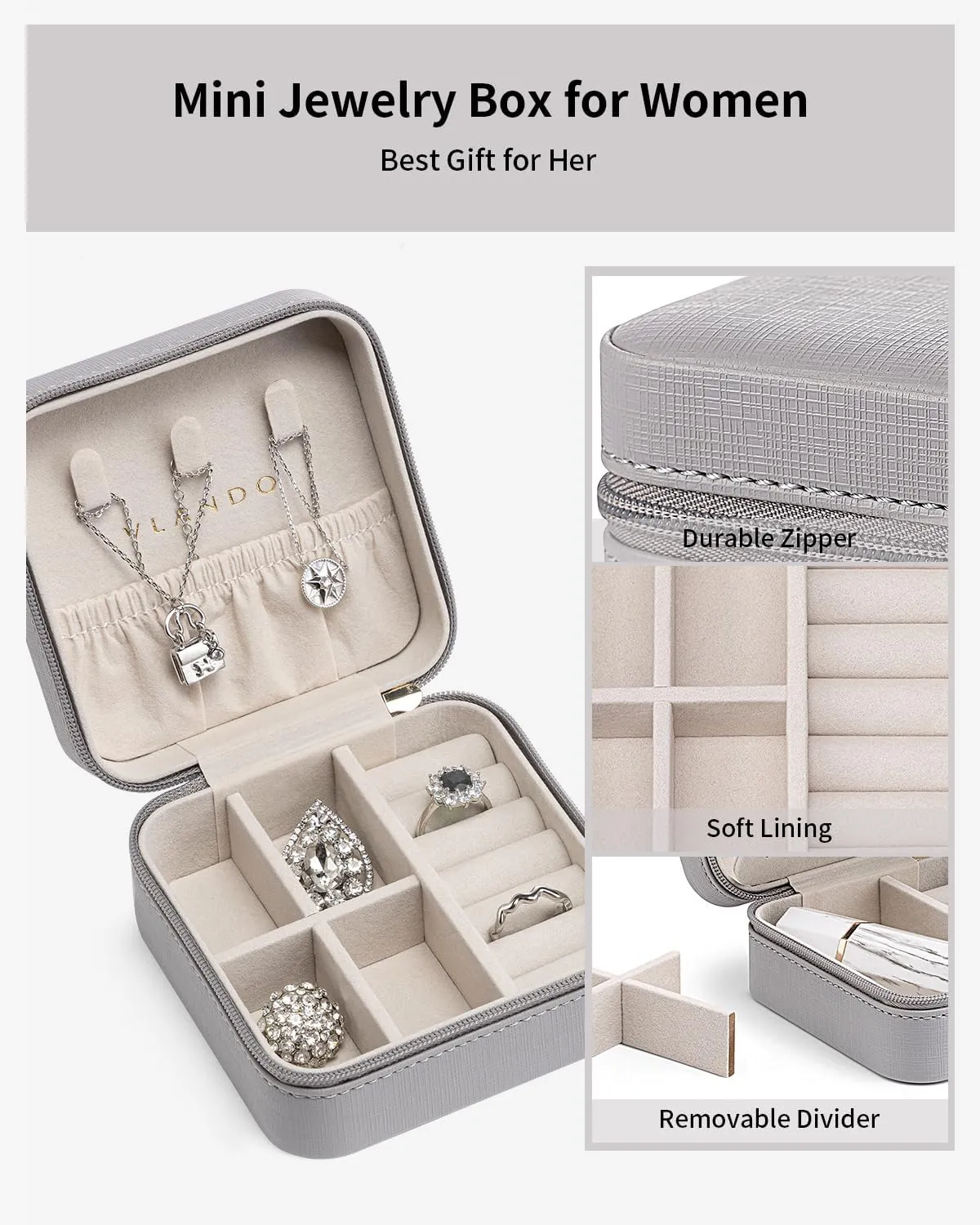 Vlando Travel Jewelry Box, Small Jewelry Travel Organizer Case for Girls Women - Grey