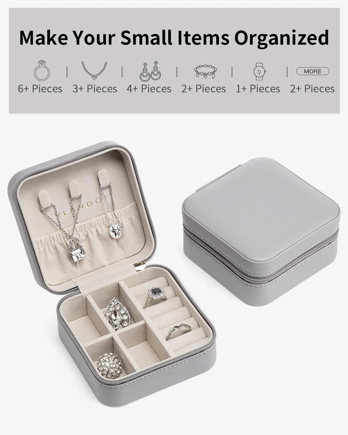 Vlando Travel Jewelry Box, Small Jewelry Travel Organizer Case for Girls Women - Grey