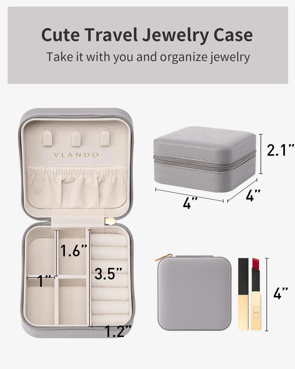 Vlando Travel Jewelry Box, Small Jewelry Travel Organizer Case for Girls Women - Grey