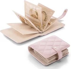 Vlando Travel Jewelry Organizer Case,Travel Gifts for Women,Portable Jewelry Storage Book Ring Binder with Clear Zipper Velvet Jewelry Pouch Bag-Pink