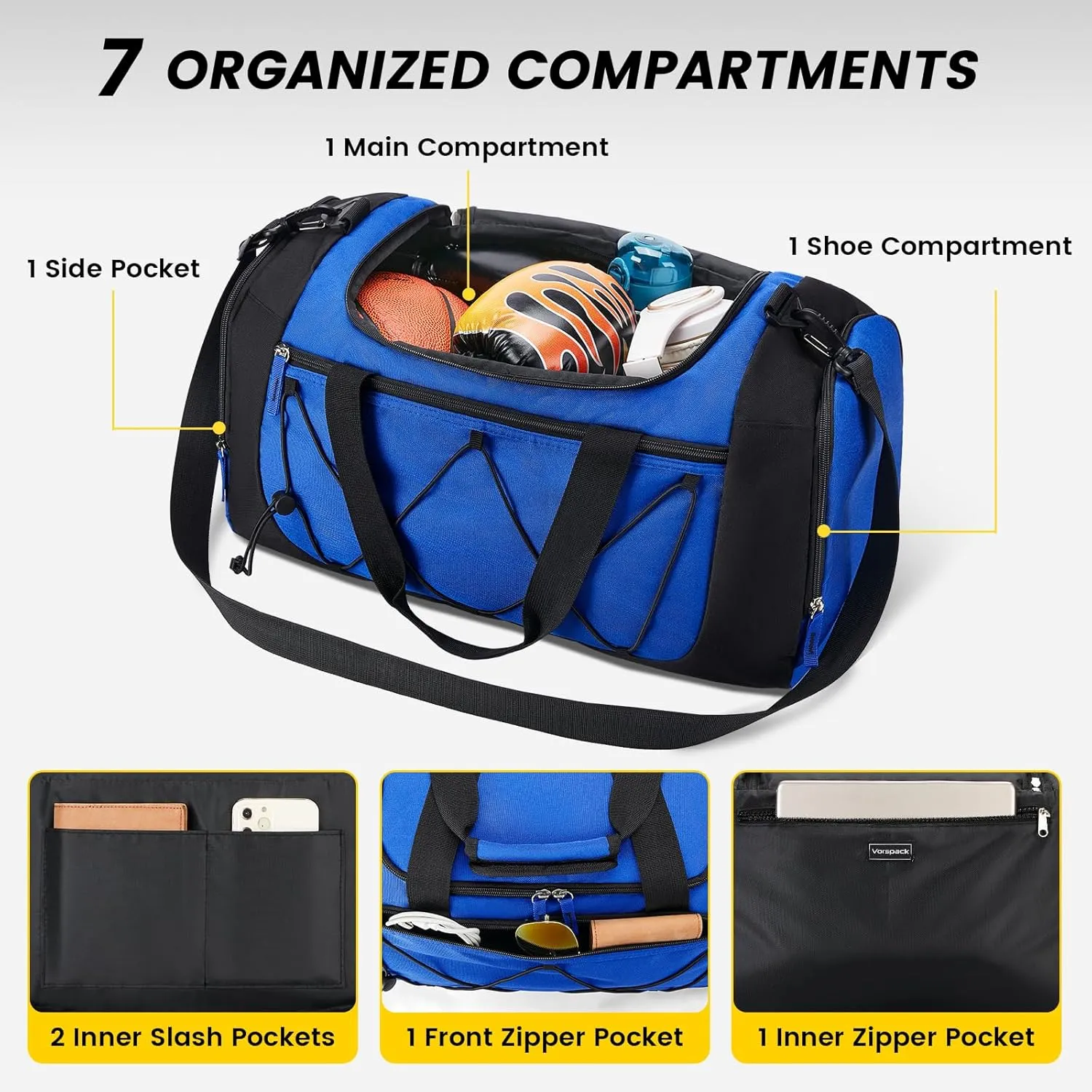 Vorspack Gym Bag for Men - 21 Inches Duffle Bag for Travel Lightweight Duffel Bag with Shoe Compartment Personal Item Travel Bag Weekender Bag for Travel Sports Gym - Blue