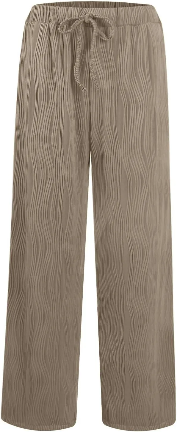 Wide Leg Pants for Women Loose Yoga Pants with Pockets Comfy Stretchy Textured Pants High Waisted Palazzo Pants