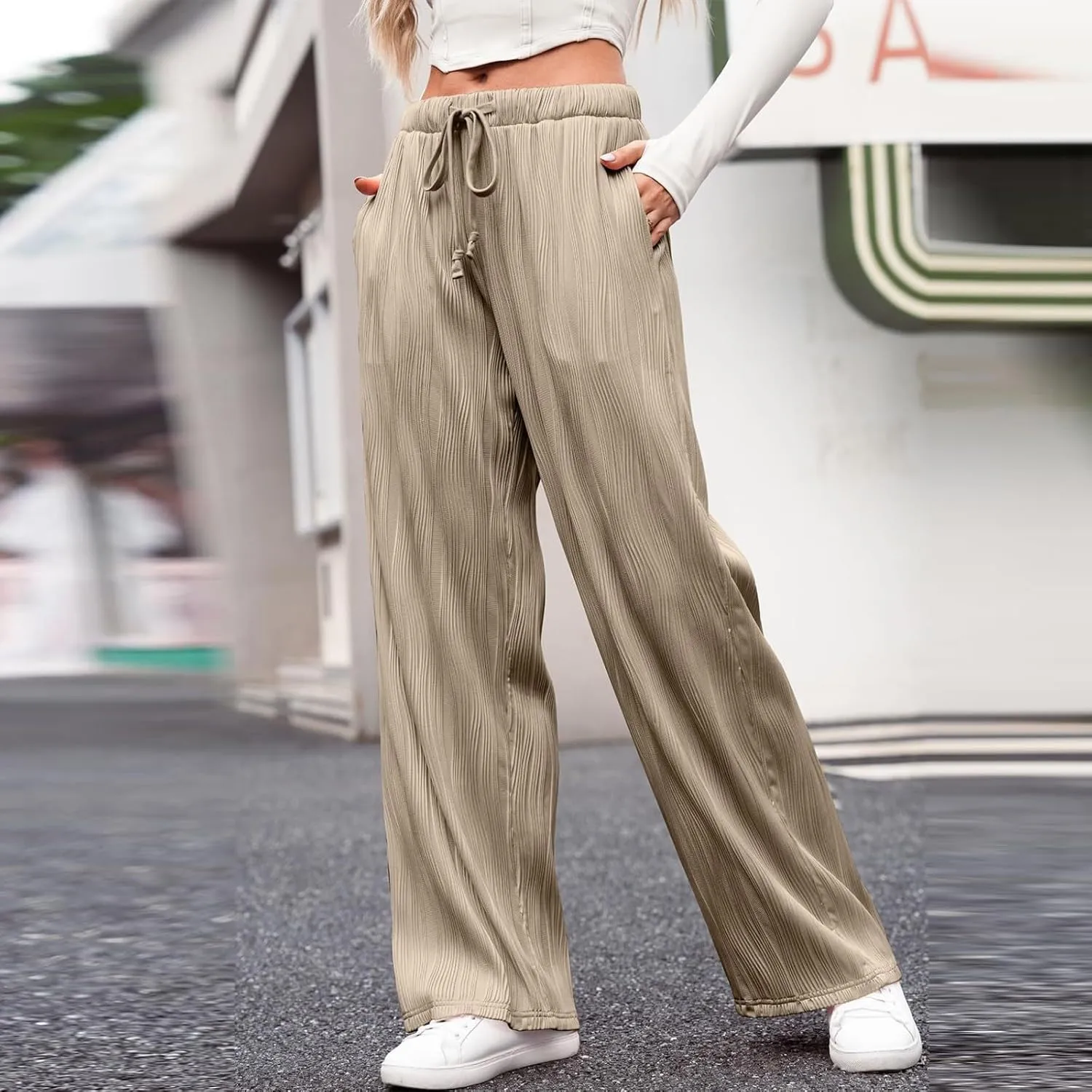 Wide Leg Pants for Women Loose Yoga Pants with Pockets Comfy Stretchy Textured Pants High Waisted Palazzo Pants