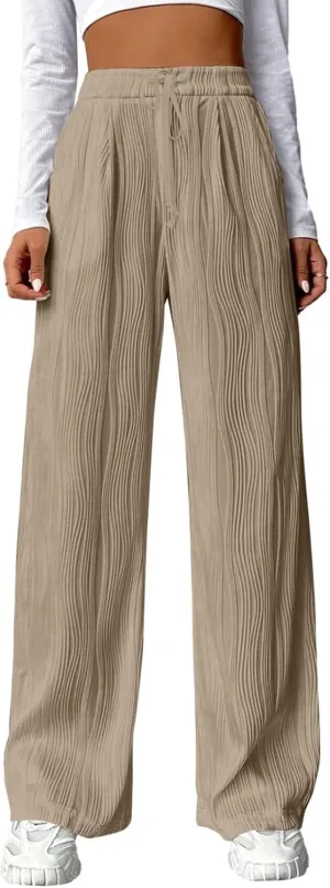 Wide Leg Pants for Women Loose Yoga Pants with Pockets Comfy Stretchy Textured Pants High Waisted Palazzo Pants