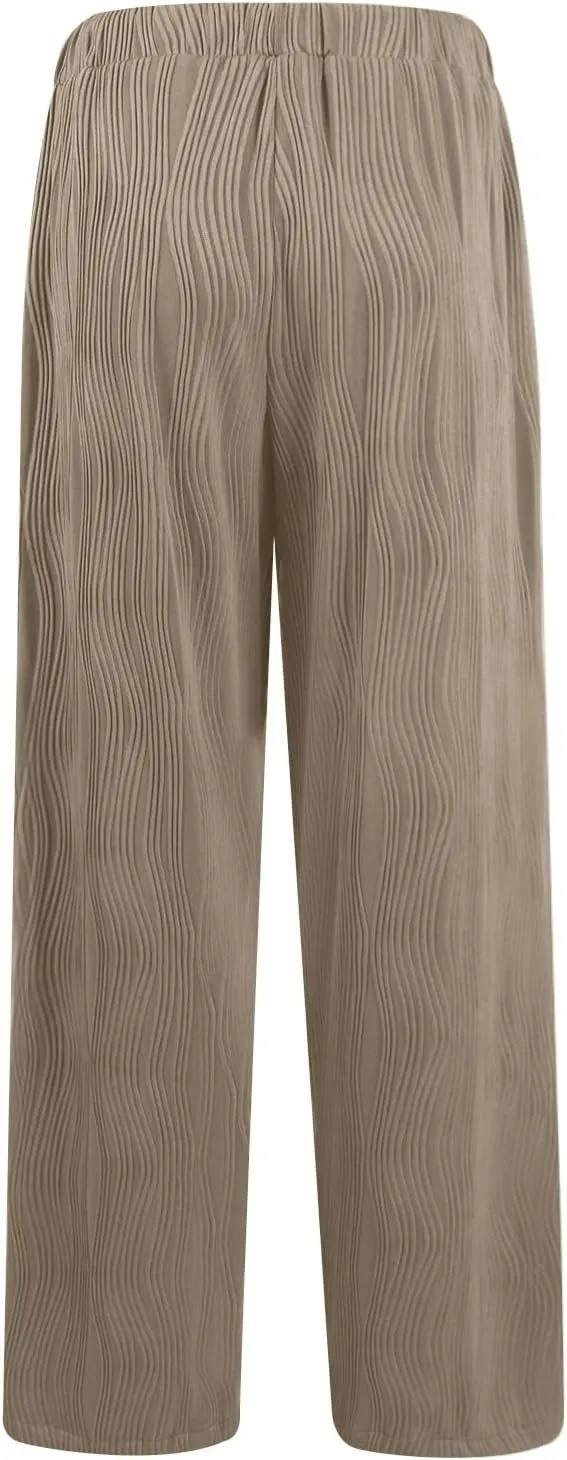 Wide Leg Pants for Women Loose Yoga Pants with Pockets Comfy Stretchy Textured Pants High Waisted Palazzo Pants