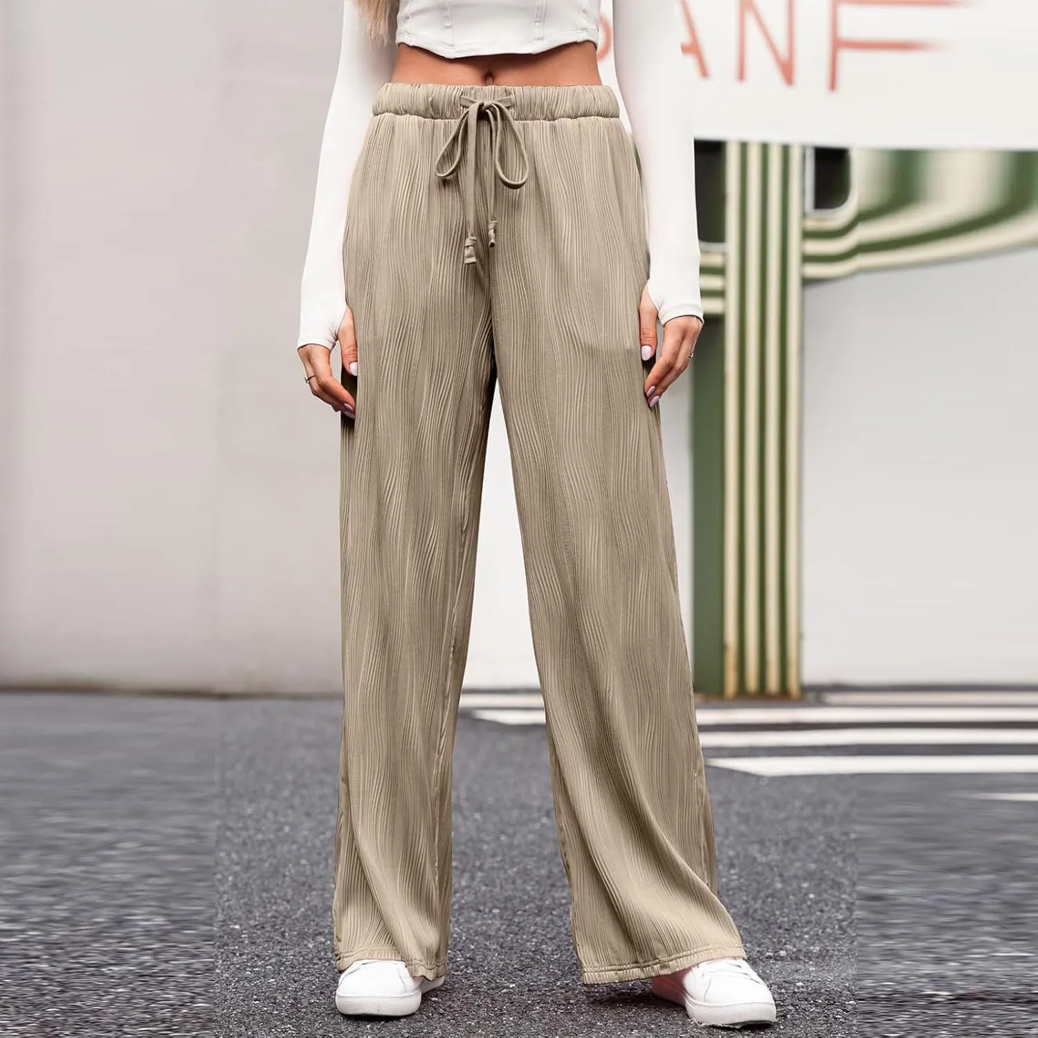 Wide Leg Pants for Women Loose Yoga Pants with Pockets Comfy Stretchy Textured Pants High Waisted Palazzo Pants