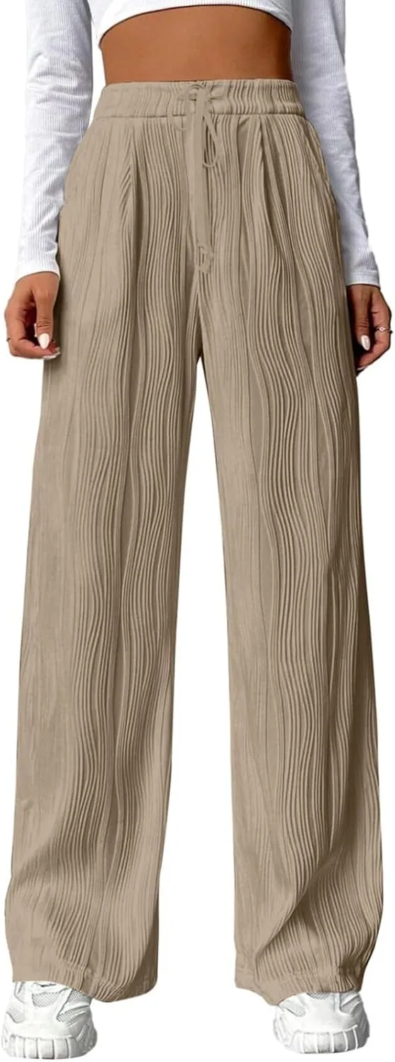 Wide Leg Pants for Women Loose Yoga Pants with Pockets Comfy Stretchy Textured Pants High Waisted Palazzo Pants