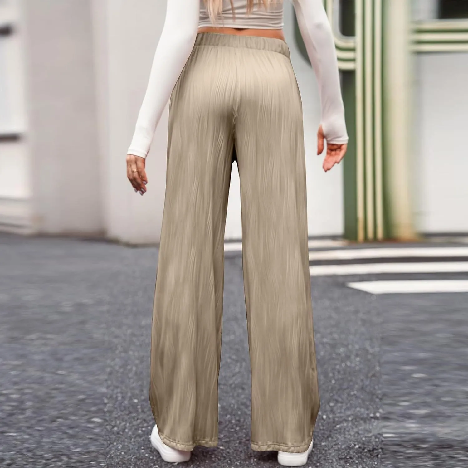 Wide Leg Pants for Women Loose Yoga Pants with Pockets Comfy Stretchy Textured Pants High Waisted Palazzo Pants