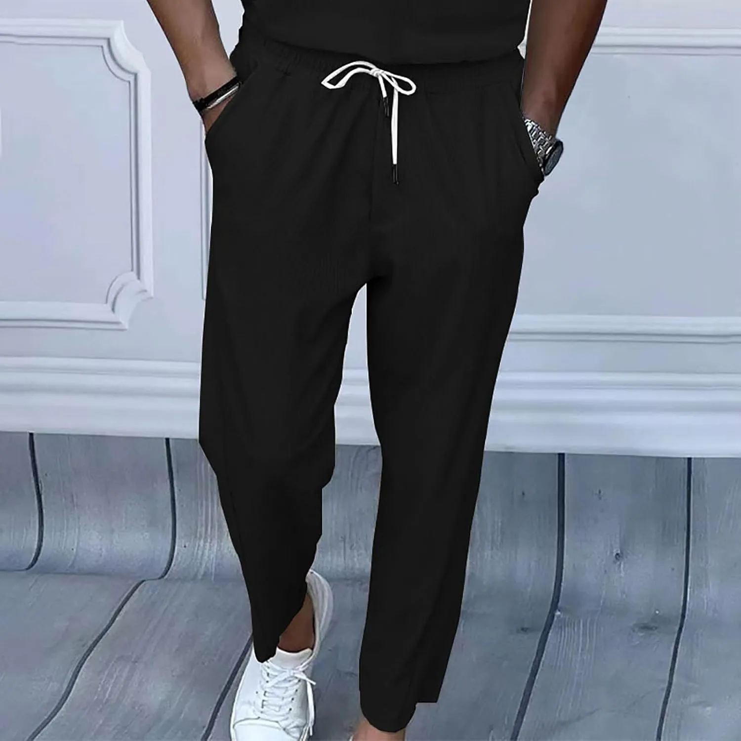 Wide Leg Pants Mens Lounge Solid Colour Pants Baggy Corduroy Pants Slant Pocket Tie Front Pants Flex Sport Pants