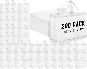 Windyun 200 Pcs Reusable Grocery Bags Large Non Woven Shopping Bags Foldable Portable Tote Carryall Bulk(White,16x6x12 Inch)