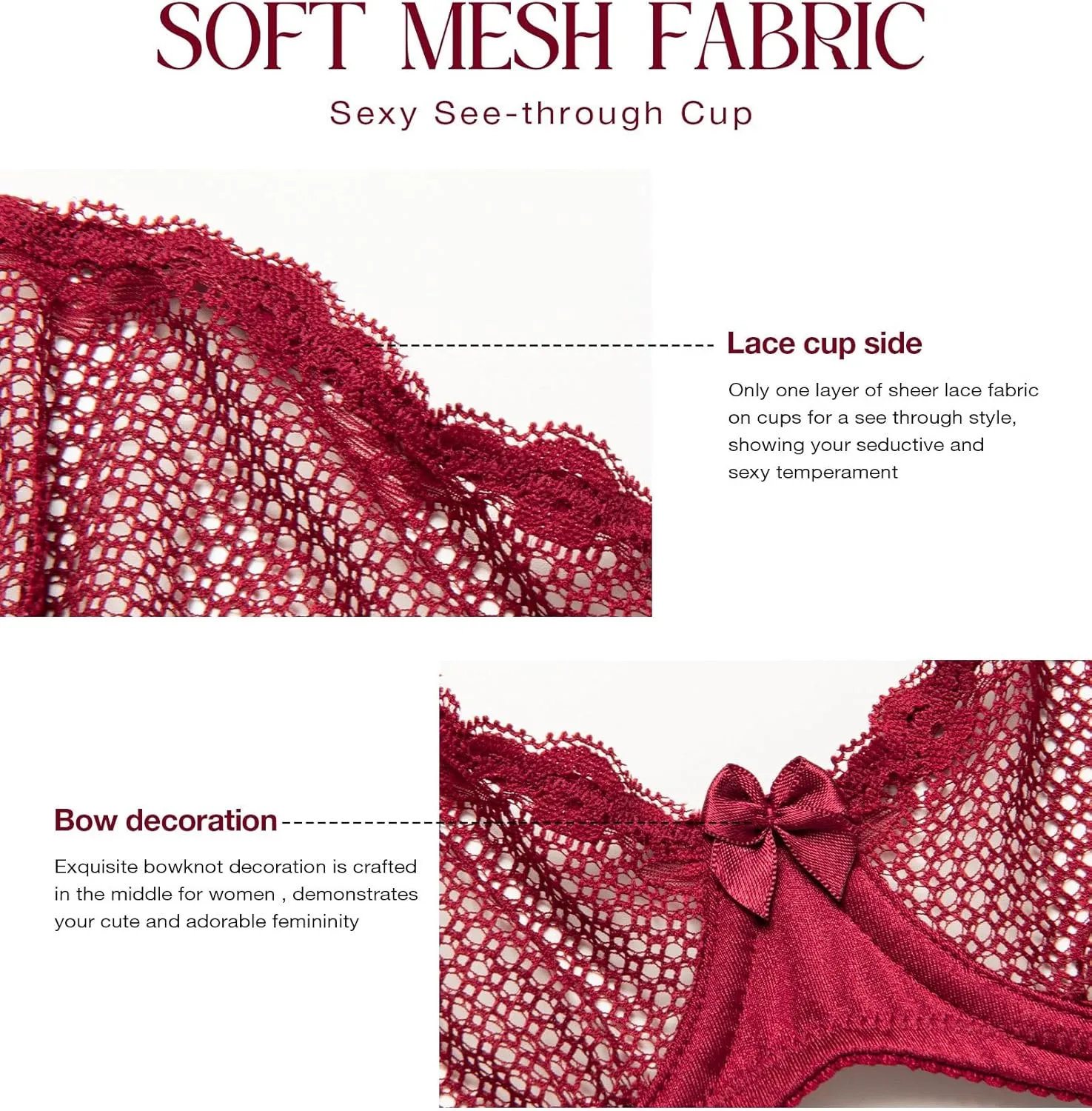 Wingslove Women's See Through Lace Balconette Sexy Unlined Demi Cup Underwire Non-Padded Lingerie