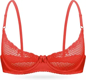 Wingslove Women's See Through Lace Balconette Sexy Unlined Demi Cup Underwire Non-Padded Lingerie