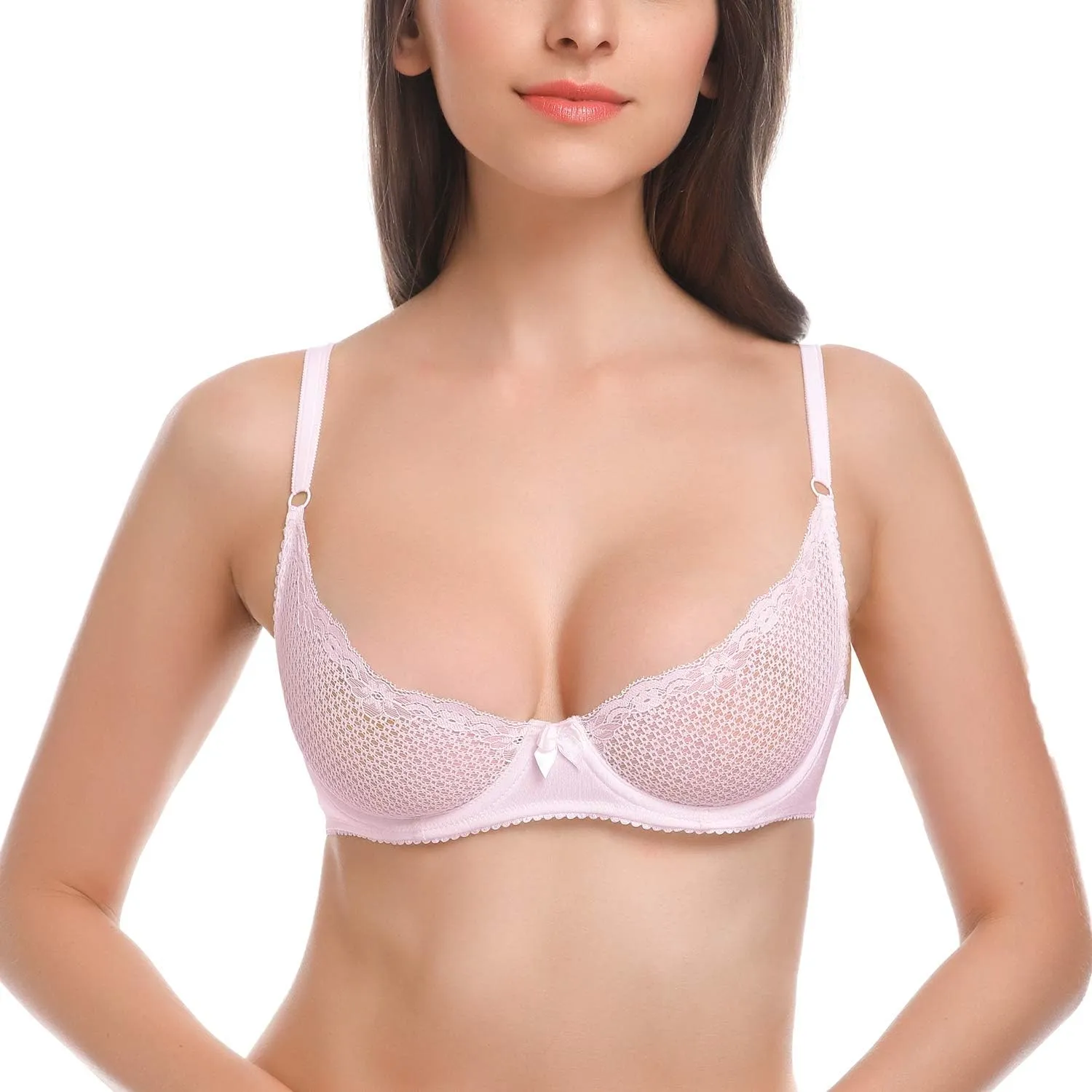 Wingslove Women's See Through Lace Balconette Sexy Unlined Demi Cup Underwire Non-Padded Lingerie