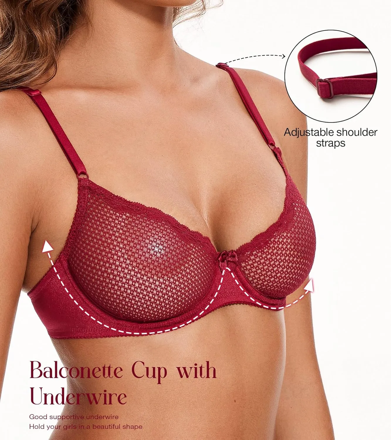 Wingslove Women's See Through Lace Balconette Sexy Unlined Demi Cup Underwire Non-Padded Lingerie