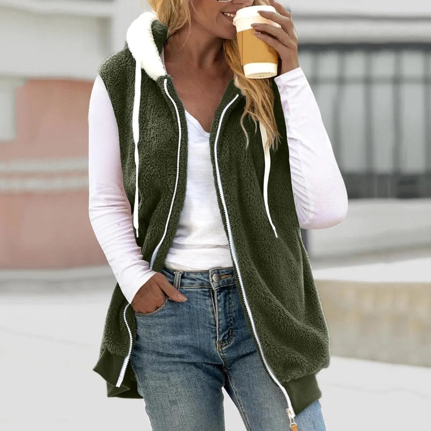 Winter Coat For Women 2023 Fuzzy Fleece Jacket Hooded Color Block Thermal Coat Oversized Fluffy Sherpa Outerwear