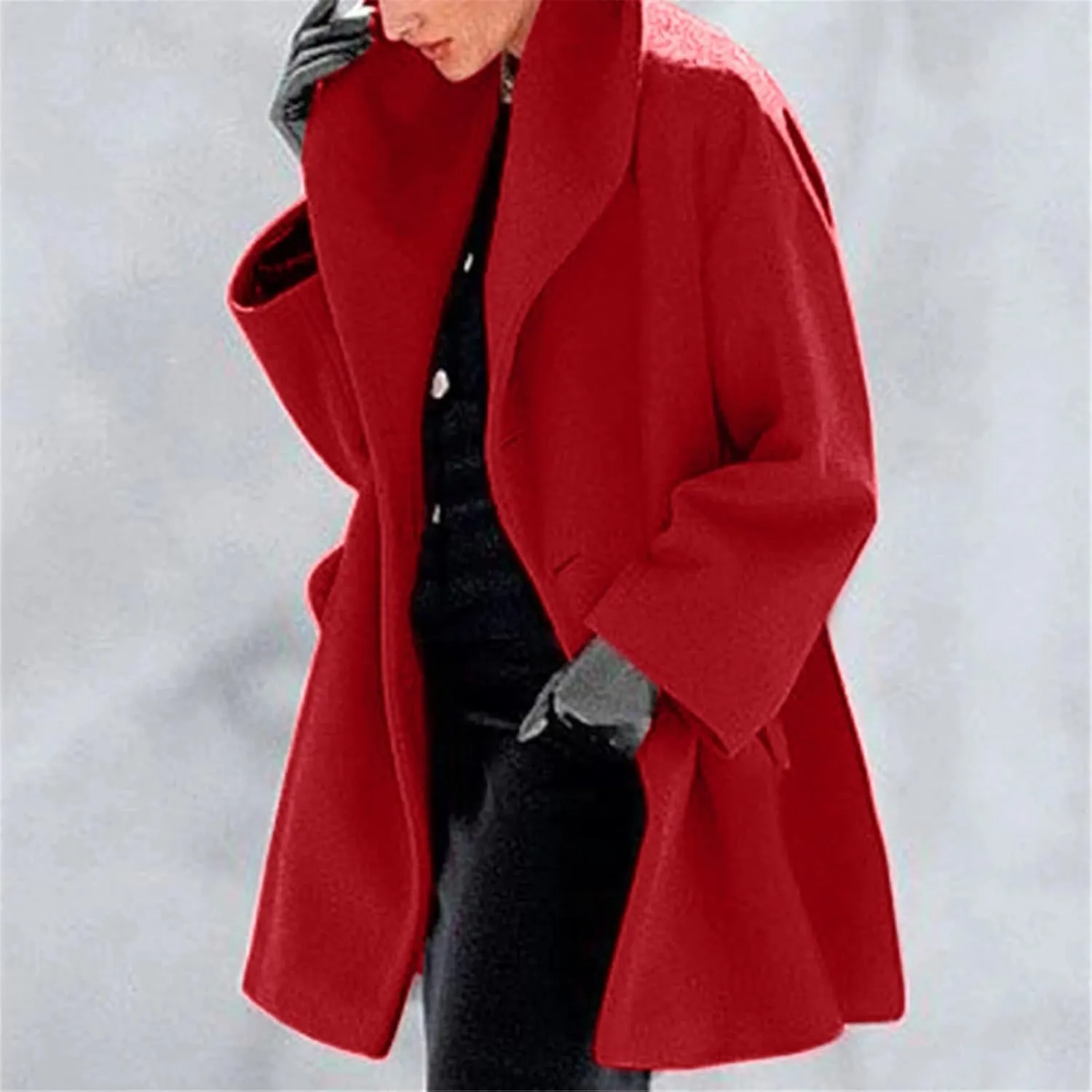 Winter Jacket for Women Long Sleeve Solid Color Lapel Neck Open Front Cardigan Jackets Button Down Loose Fit Coat