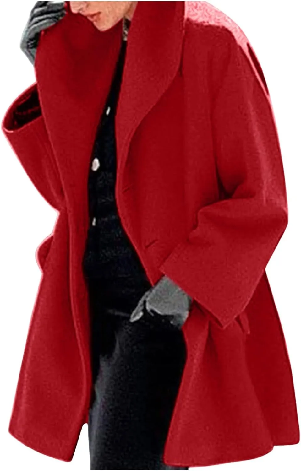 Winter Jacket for Women Long Sleeve Solid Color Lapel Neck Open Front Cardigan Jackets Button Down Loose Fit Coat