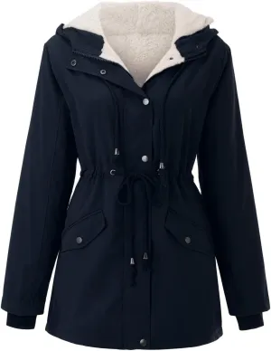 Winter Jackets for Women Drawstring Hooded Sweatshirt Coats Fuzzy Fleece Padded Slim Fit Zip Up Jacket with Pockets