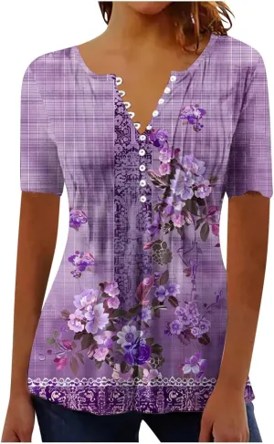 Women 2025 Spring Blouses Tops Floral Short Sleeve Boho T Shirts Dressy Casual Tunic Beach Vacation Ladies Clothing